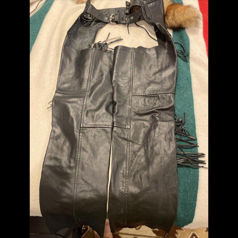Genuine Leather Classic Fringe Chaps Zipper & Snap- Size M, Vintage, Black